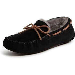 Fireside Dearfoams Men's 8 Victor Genuine Shearling Moccasin Slipper NEW Black
